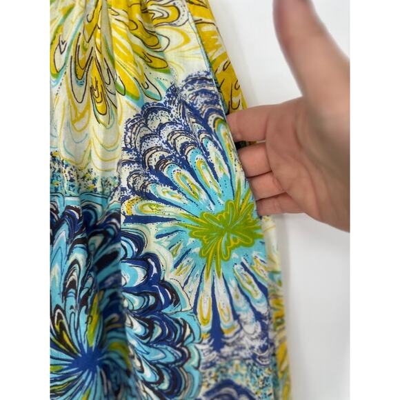 SERENGETI Cotton MIDI Skirt Blue Yellow Floral Pull On Pockets Sz S Breezy Boho - Picture 4 of 7